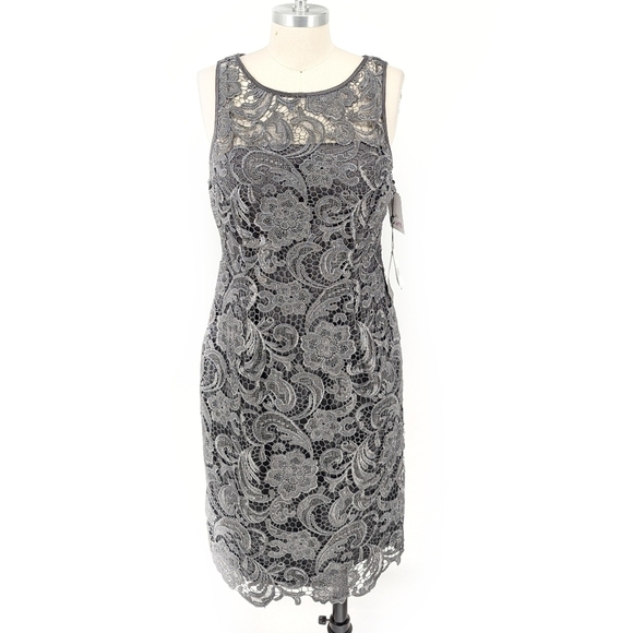 NEW Adrianna Papell Lace Sheath Dress Gray 10 preppy cocktail wedding classic